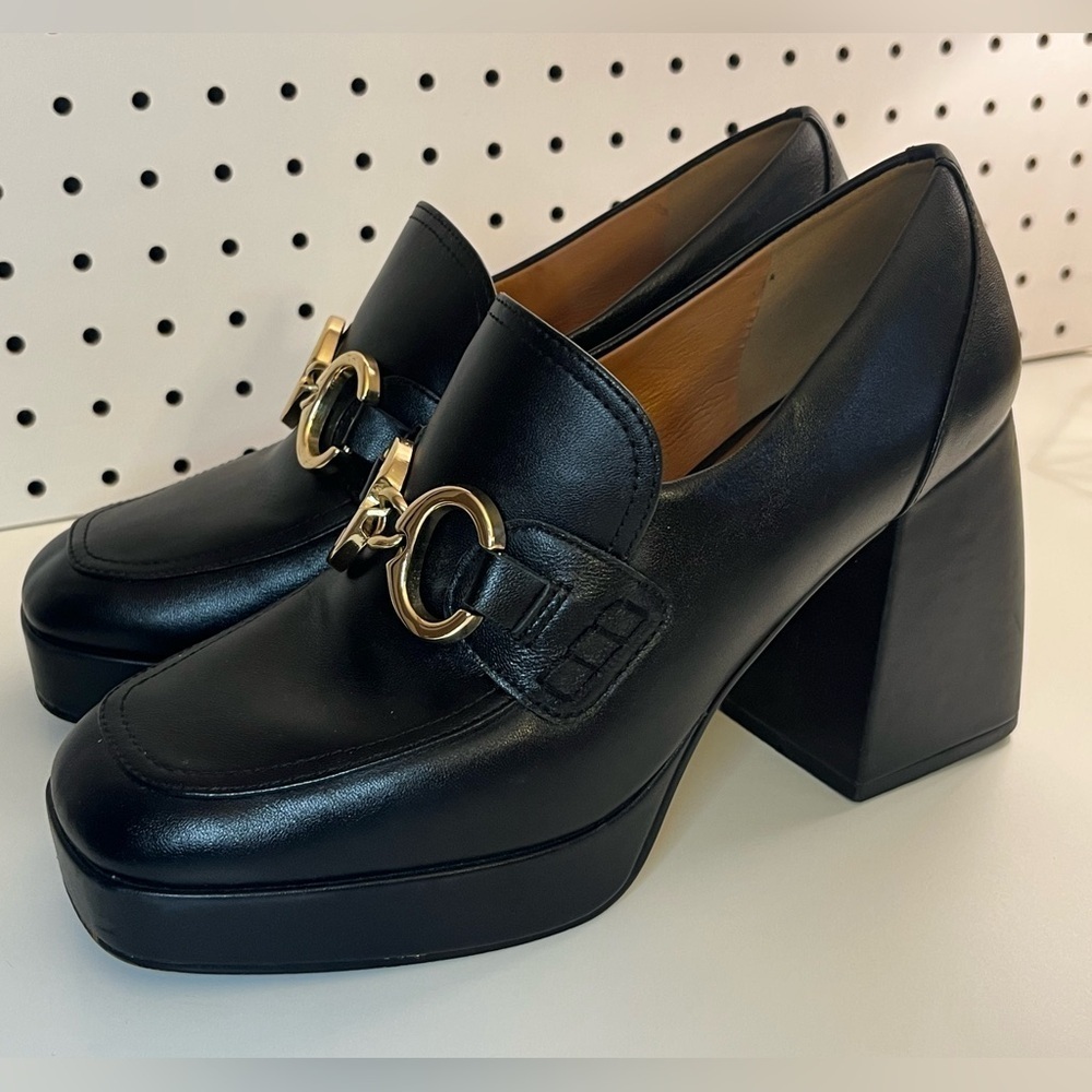 Lisa Vicky NOW Platform Loafer Pumps Black & Gold Medallion, Block Heel, Size 8 - Picture 5 of 16
